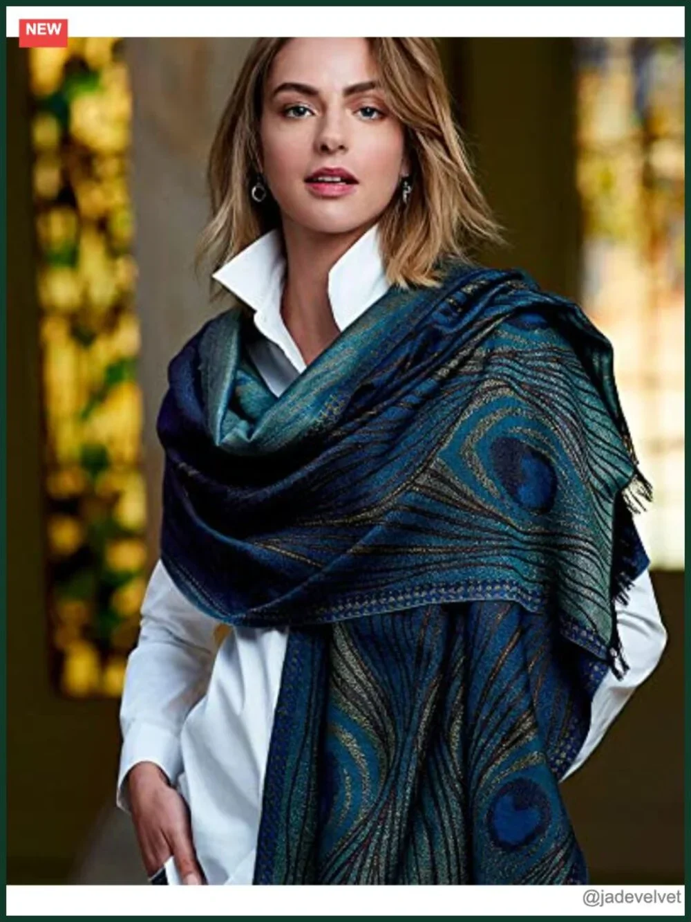 Museum Inspired Tiffany Peacock Feather Shawl Wrap Scarf - Wool Silk Viscose